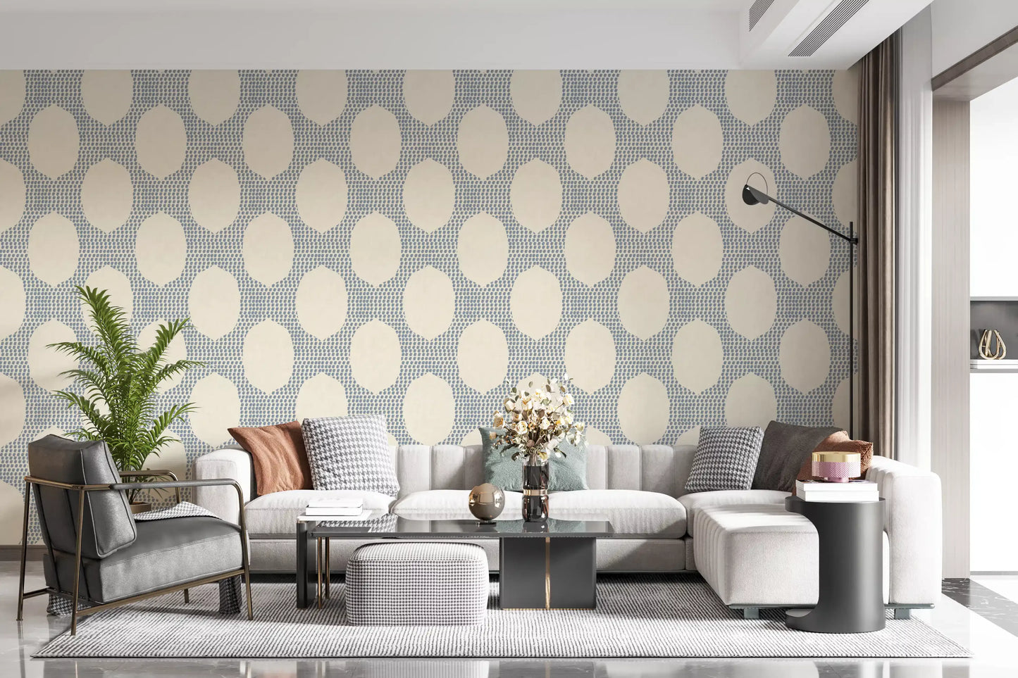 Living room holds steady contrast through Beachy Boho Slate Blue Mosaic wallpaper.
