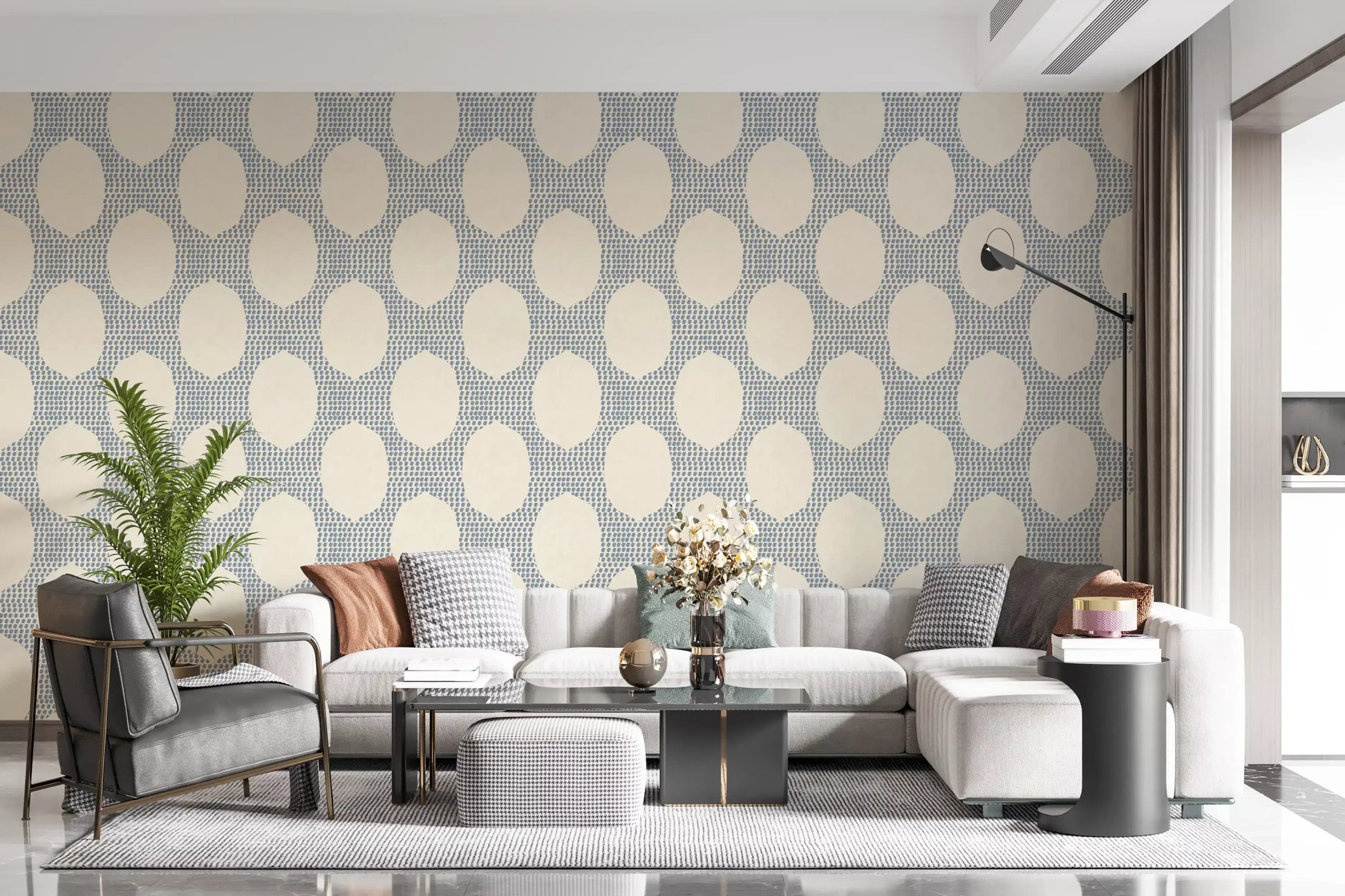 Living room holds steady contrast through Beachy Boho Slate Blue Mosaic wallpaper.