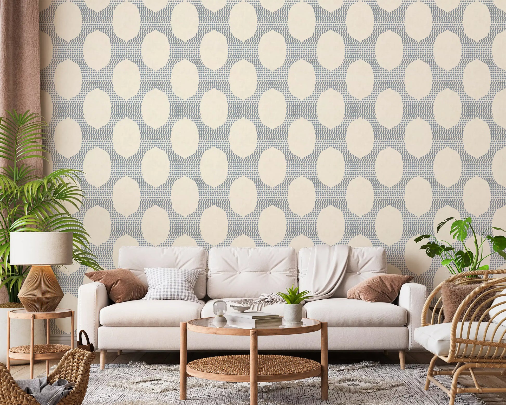 Hallway backdrop catches a quiet textured tone from Beachy Boho Slate Blue Mosaic wallpaper.