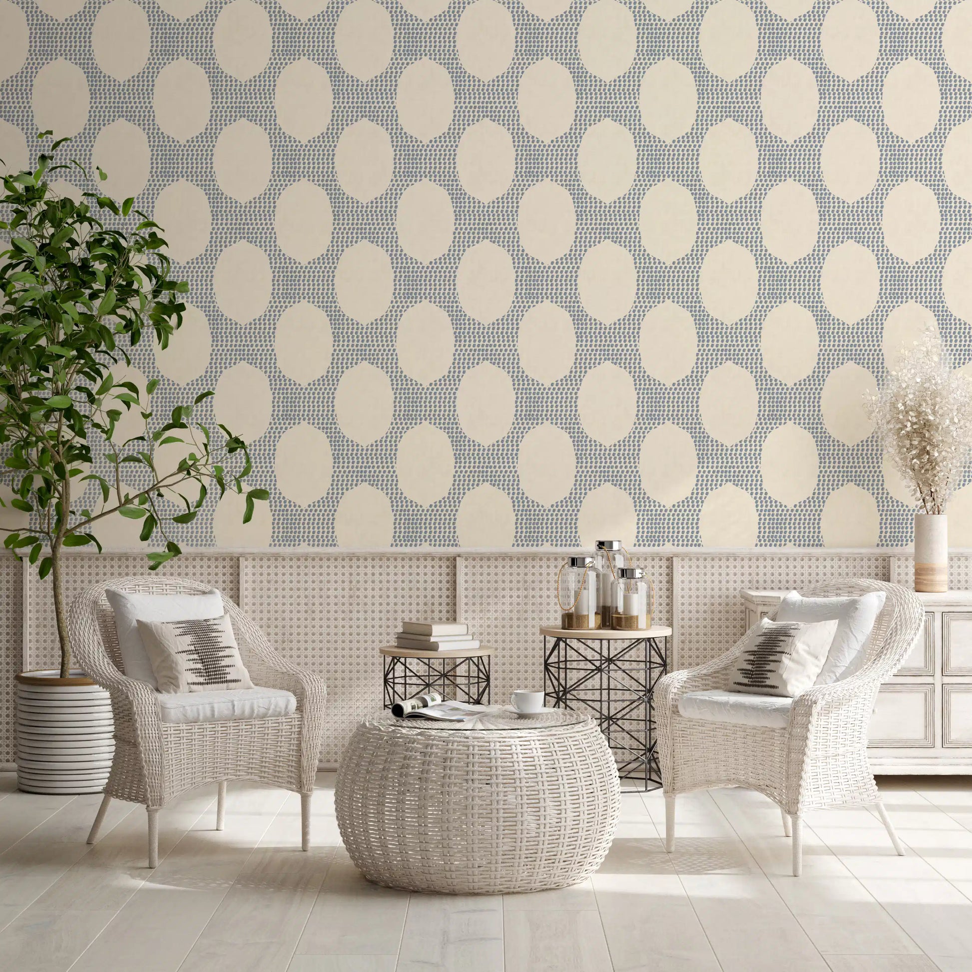 Tessellated oval shapes anchor every repeat on Beachy Boho Slate Blue Mosaic wallpaper.