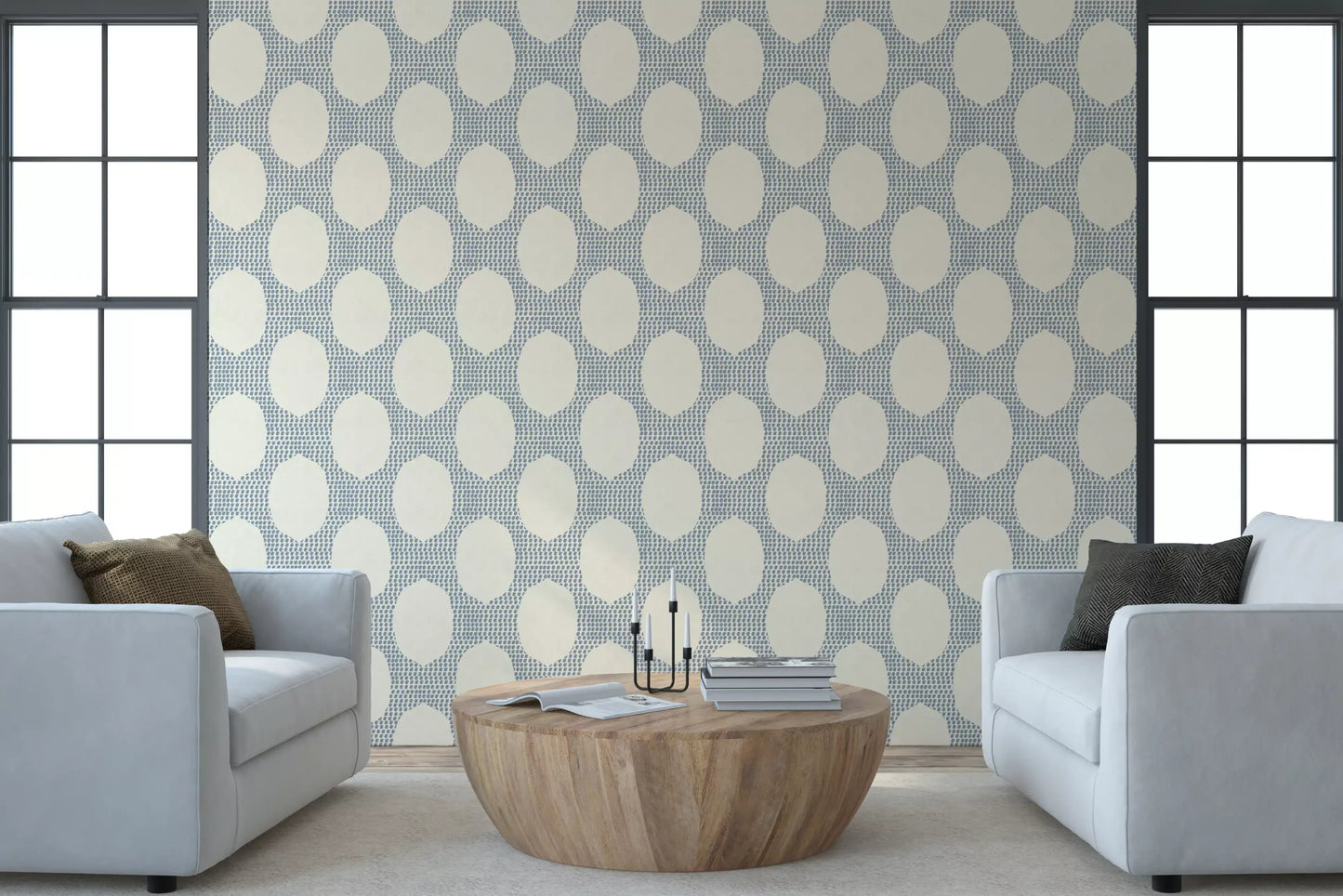 Block-print dot character runs edge to edge through Beachy Boho Slate Blue Mosaic wallpaper.