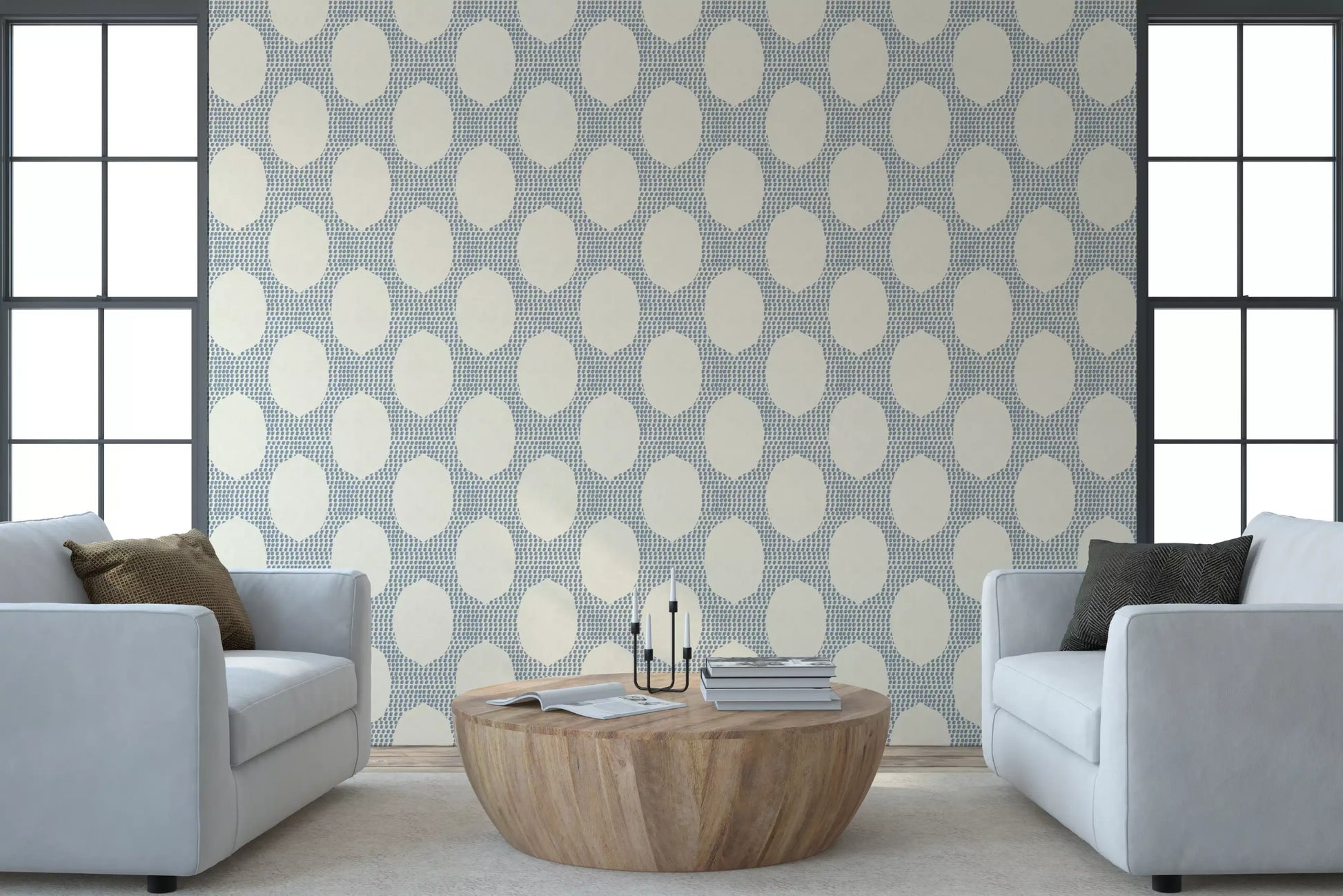 Block-print dot character runs edge to edge through Beachy Boho Slate Blue Mosaic wallpaper.