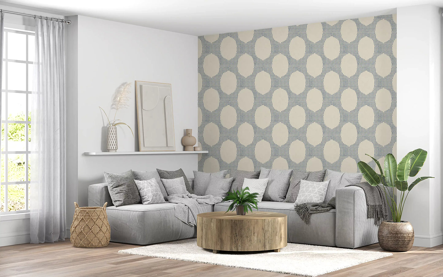 living room  reads cleaner behind Beachy Boho Slate Blue Mosaic wallpaper detail.