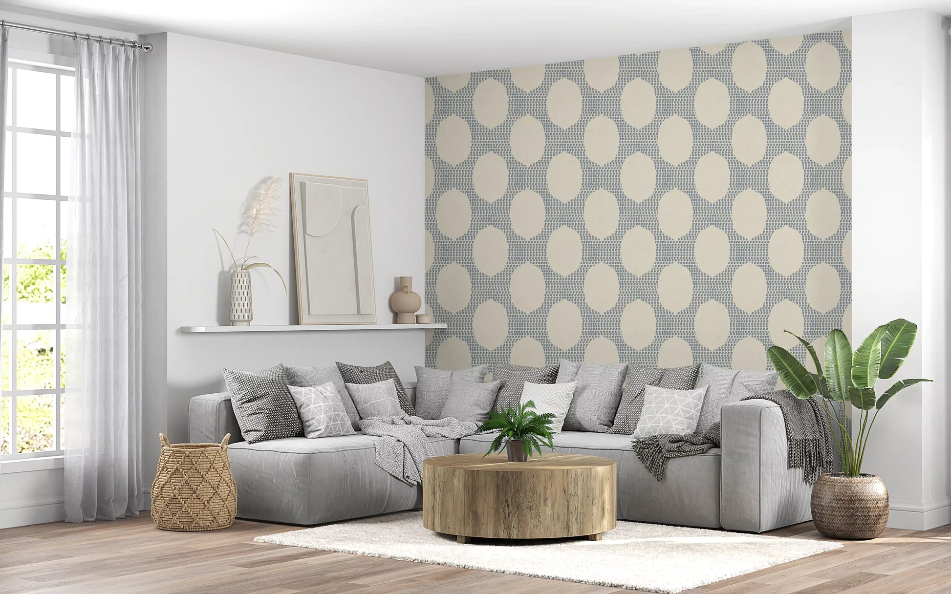 living room  reads cleaner behind Beachy Boho Slate Blue Mosaic wallpaper detail.