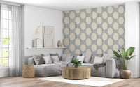 living room  reads cleaner behind Beachy Boho Slate Blue Mosaic wallpaper detail.