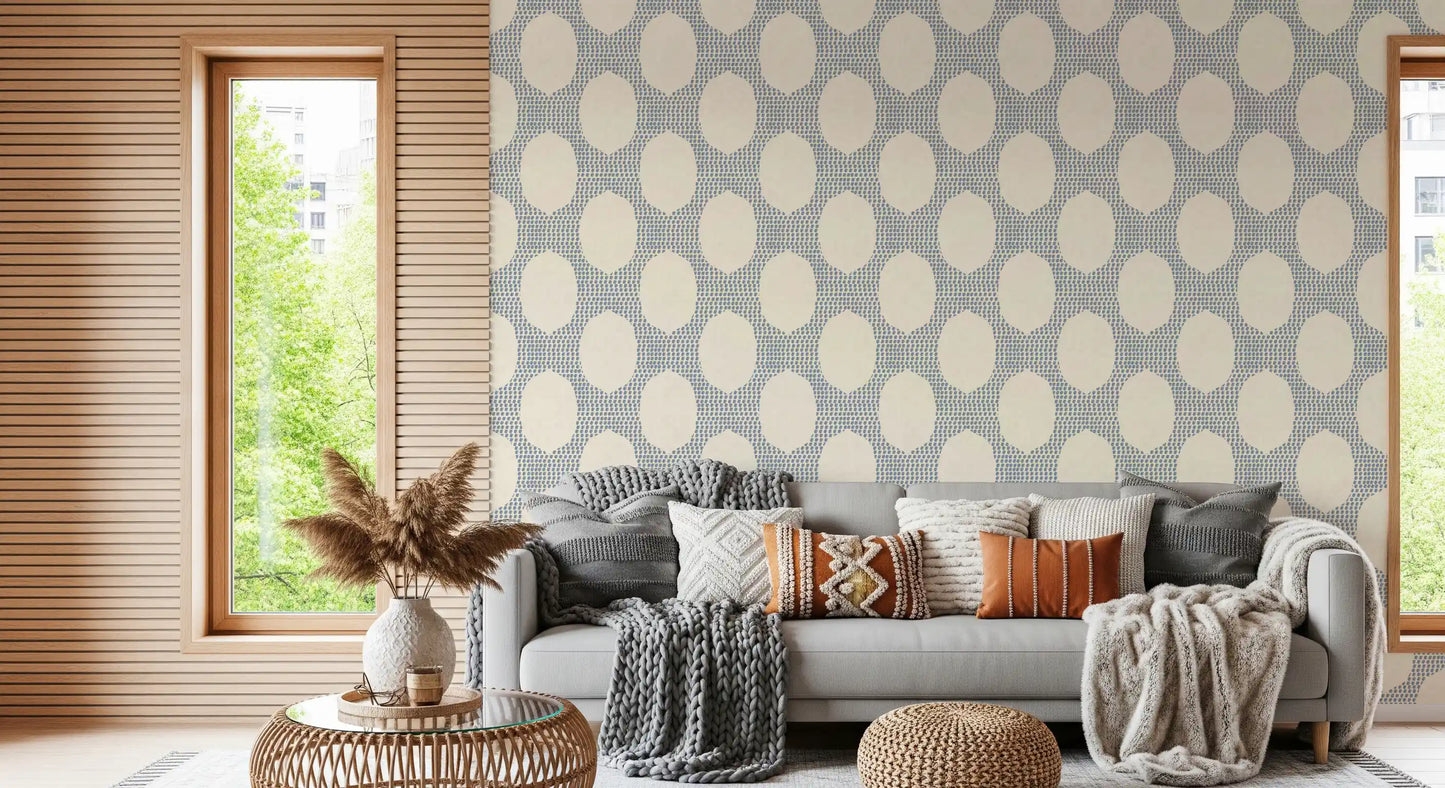 Living space stretches longer with Beachy Boho Slate Blue Mosaic wallpaper across the run.
