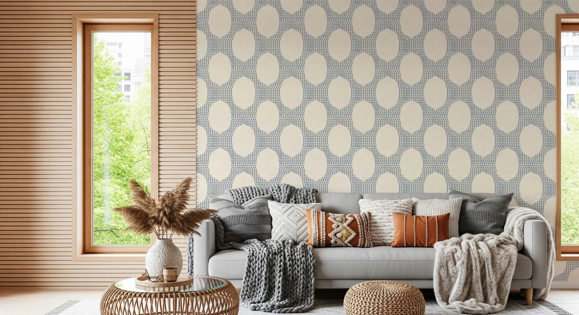 Living space stretches longer with Beachy Boho Slate Blue Mosaic wallpaper across the run.
