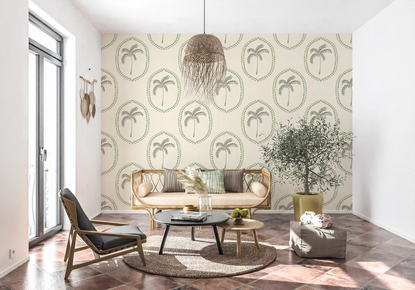 Slim trunks taper into tiny dot bases on Beachy Boho Palm Coastal Green Medallion wallpaper., GD9631