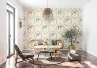 Slim trunks taper into tiny dot bases on Beachy Boho Palm Coastal Green Medallion wallpaper., GD9631