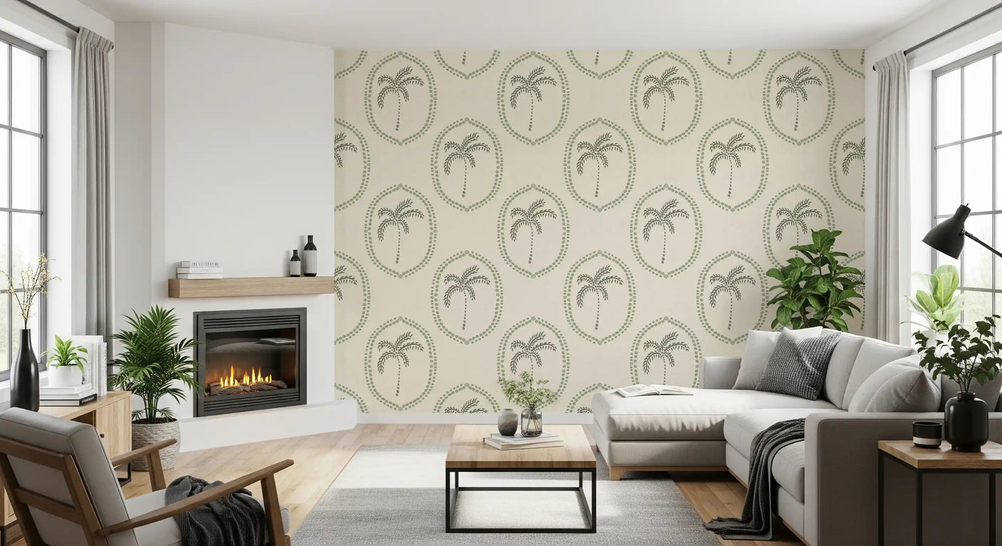 Each oval cradles a small sketched palm tree across Beachy Boho Palm Coastal Green Medallion wallpaper., GD9631