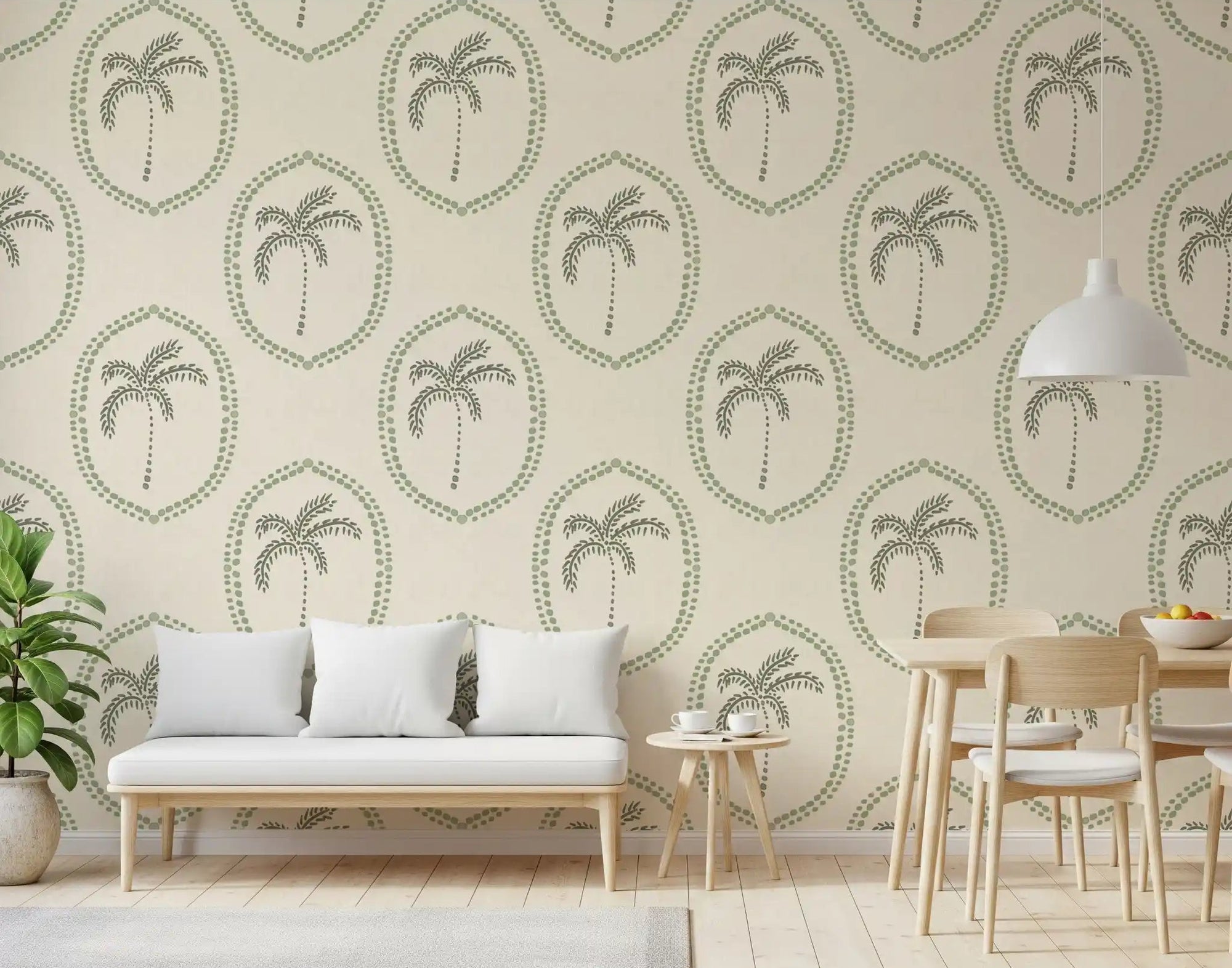 Dining room, Beachy Boho Palm Oasis Coastal Green Medallion wallpaper softens every corner., GD9631