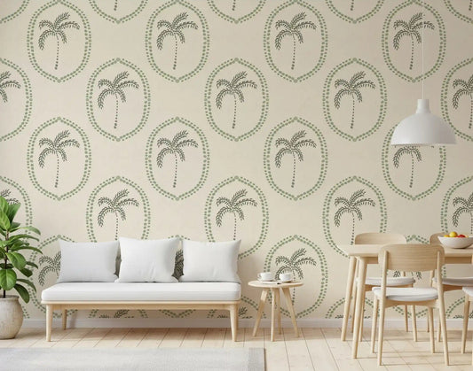 Dining room, Beachy Boho Palm Oasis Coastal Green Medallion wallpaper softens every corner.