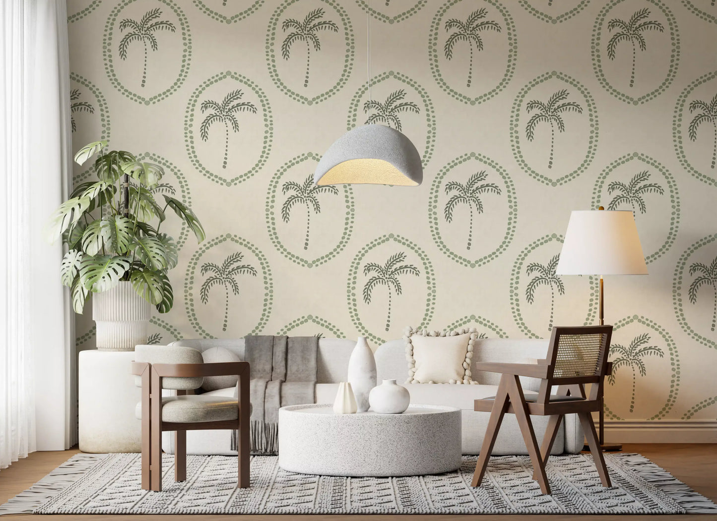 Plenty of ivory breathing space sits between motifs on Beachy Boho Palm Oasis Coastal Green Medallion wallpaper., GD9631