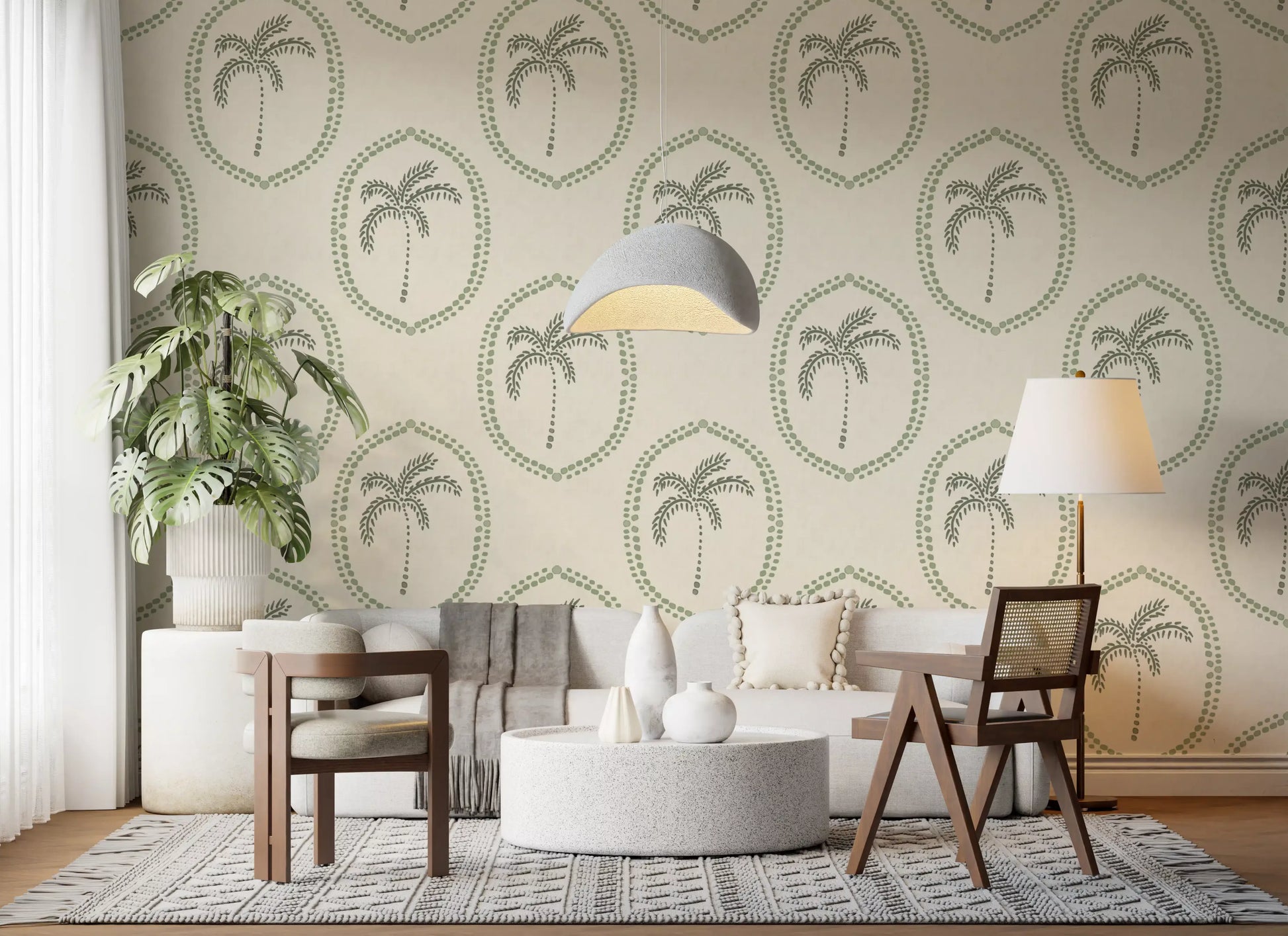 Plenty of ivory breathing space sits between motifs on Beachy Boho Palm Oasis Coastal Green Medallion wallpaper., GD9631