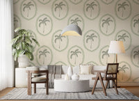 Plenty of ivory breathing space sits between motifs on Beachy Boho Palm Oasis Coastal Green Medallion wallpaper., GD9631