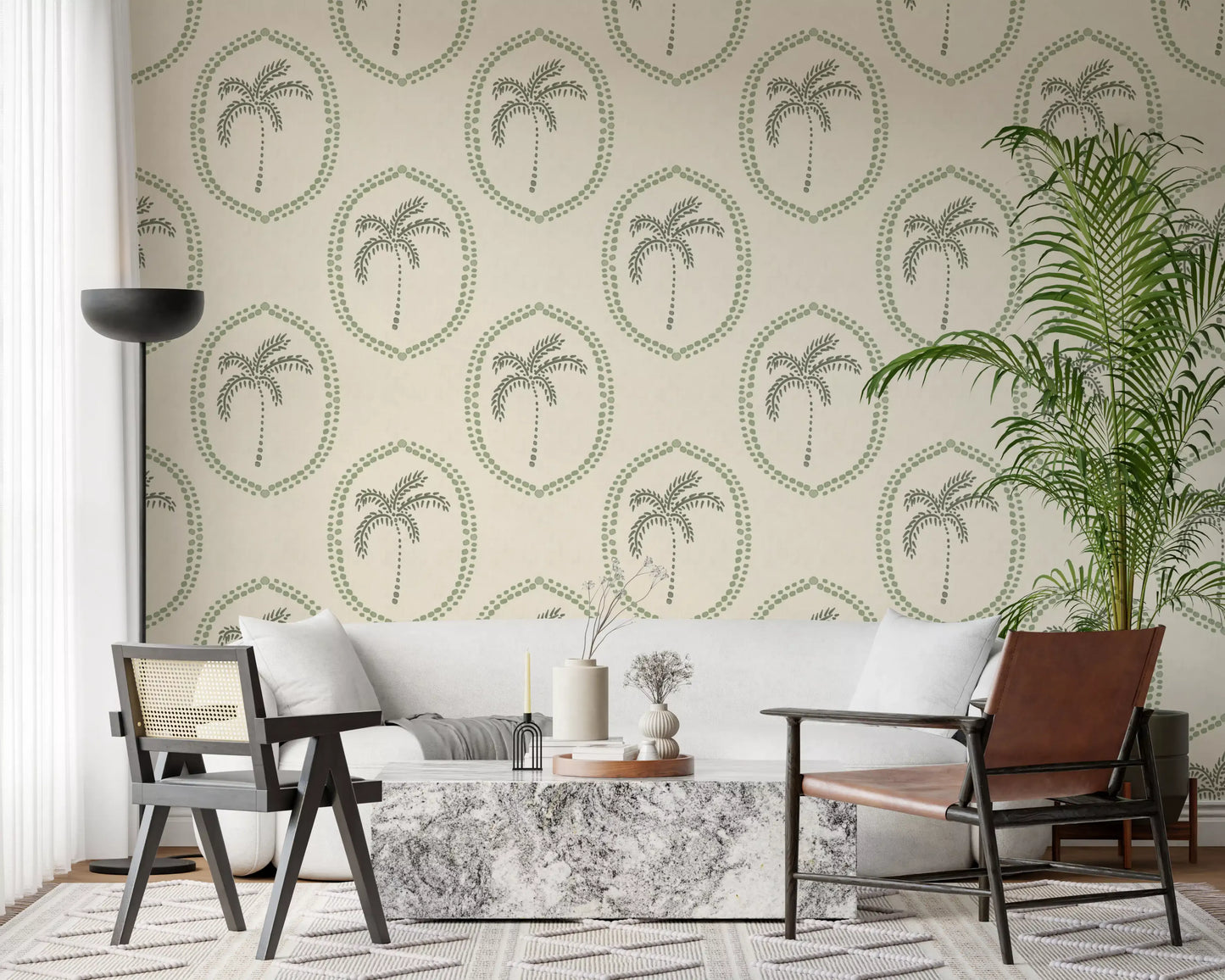 Lounge space picks up airy boho rhythm via Beachy Boho Palm Coastal Green Medallion wallpaper., GD9631