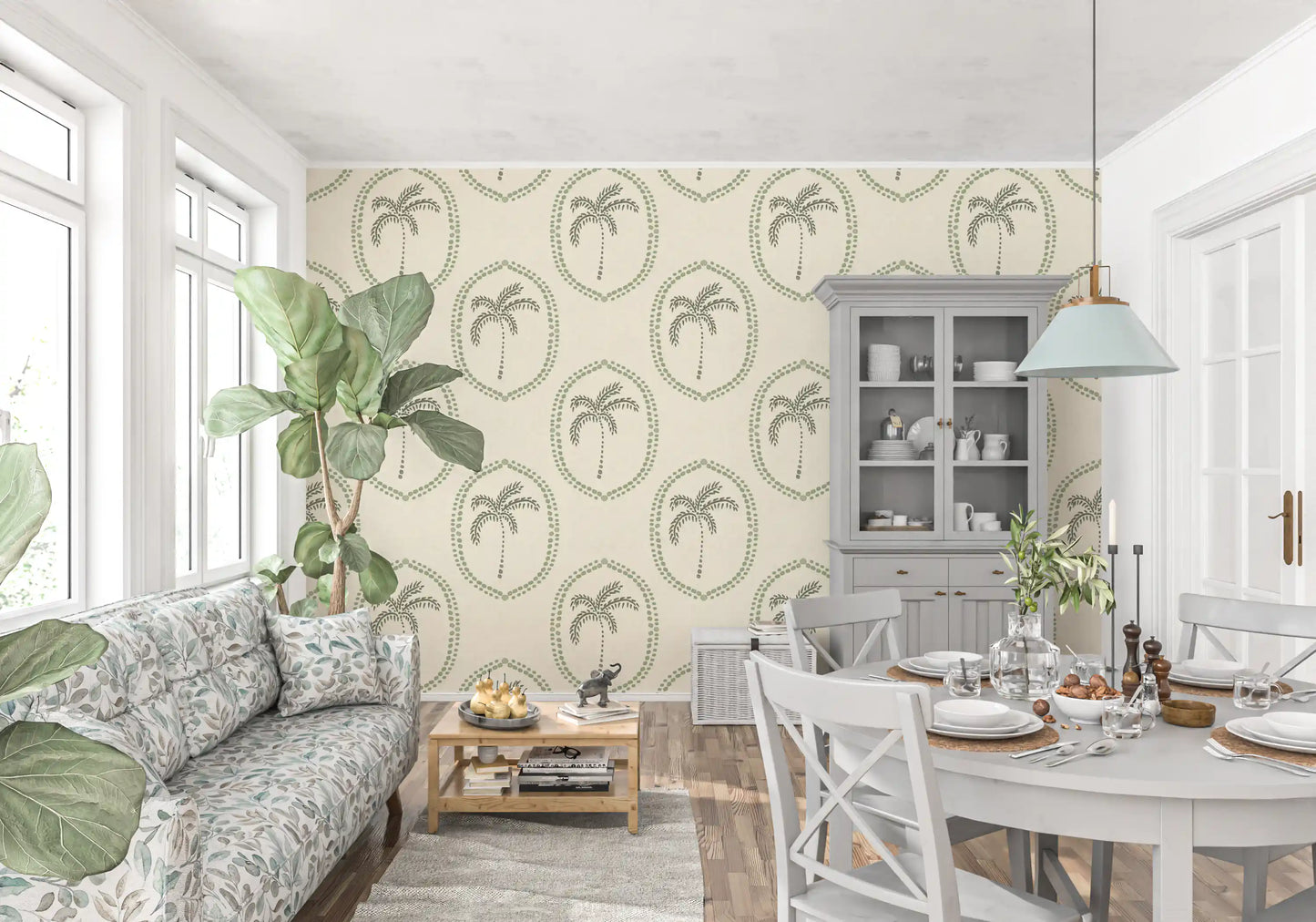 Dining room with Beachy Boho Palm Oasis Coastal Green Medallion wallpaper threading the length., GD9631