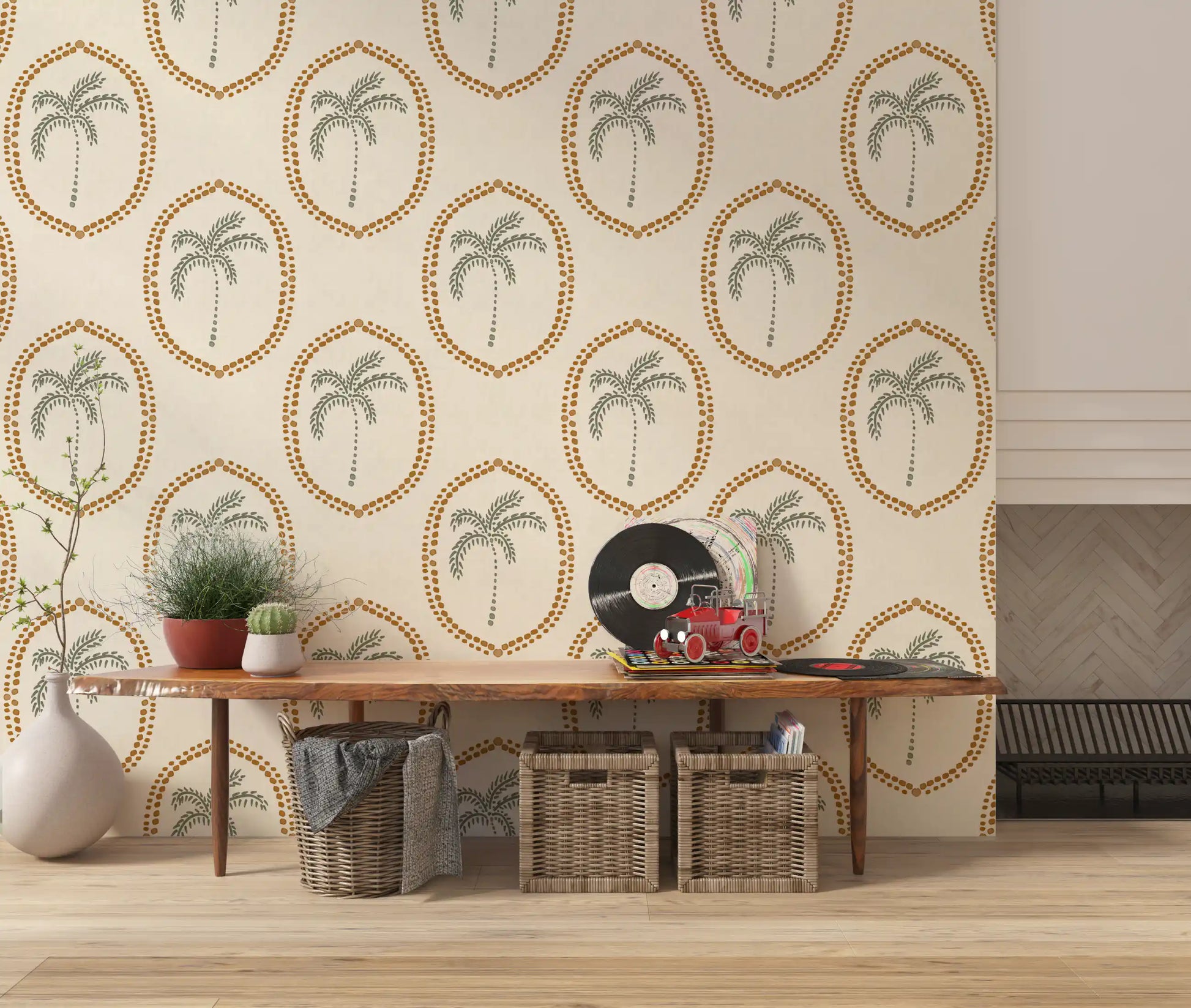 Cream space breathes openly between ochre ovals on Beachy Boho Palm Oasis Golden Medallion wallpaper.