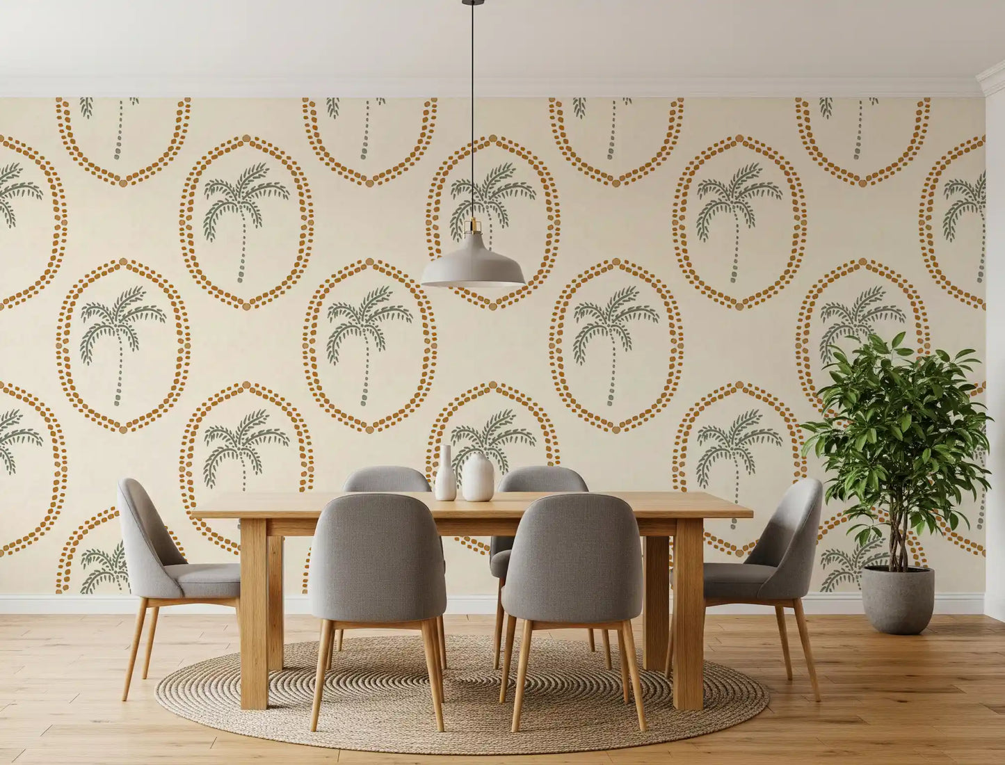 Slim trunks finish into tiny dot bases on Beachy Boho Palm Golden Medallion wallpaper.