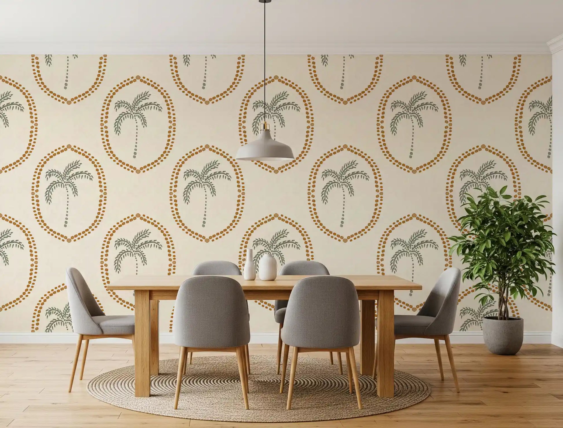 Slim trunks finish into tiny dot bases on Beachy Boho Palm Golden Medallion wallpaper.