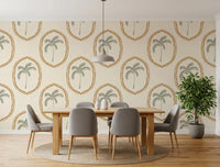 Slim trunks finish into tiny dot bases on Beachy Boho Palm Golden Medallion wallpaper.