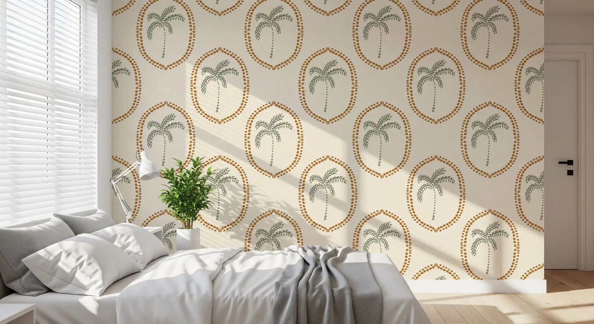 Bedroom backdrop softens behind golden bead ovals on Beachy Boho Palm Oasis Medallion wallpaper.