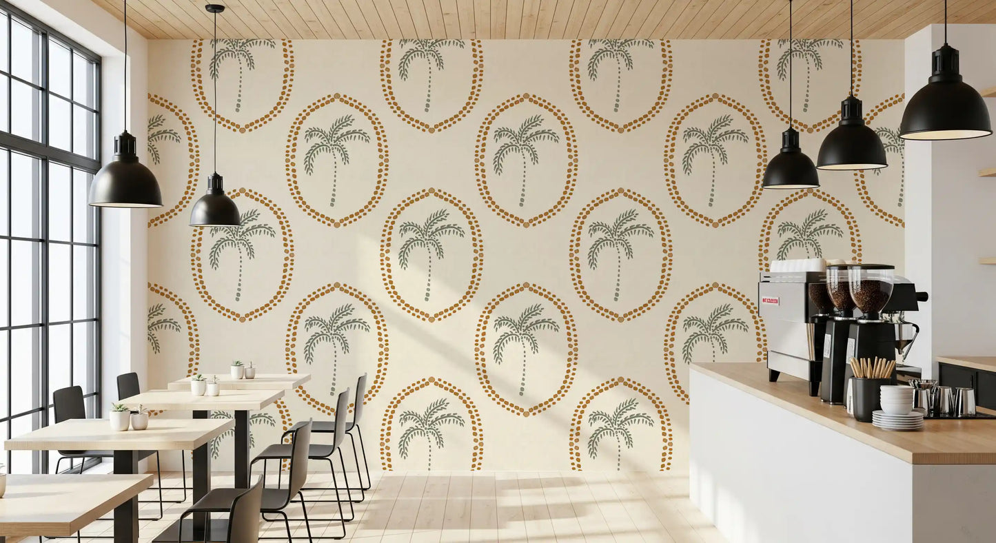 Painted ochre trails arc gently between motifs on Beachy Boho Palm Oasis Golden Medallion wallpaper.