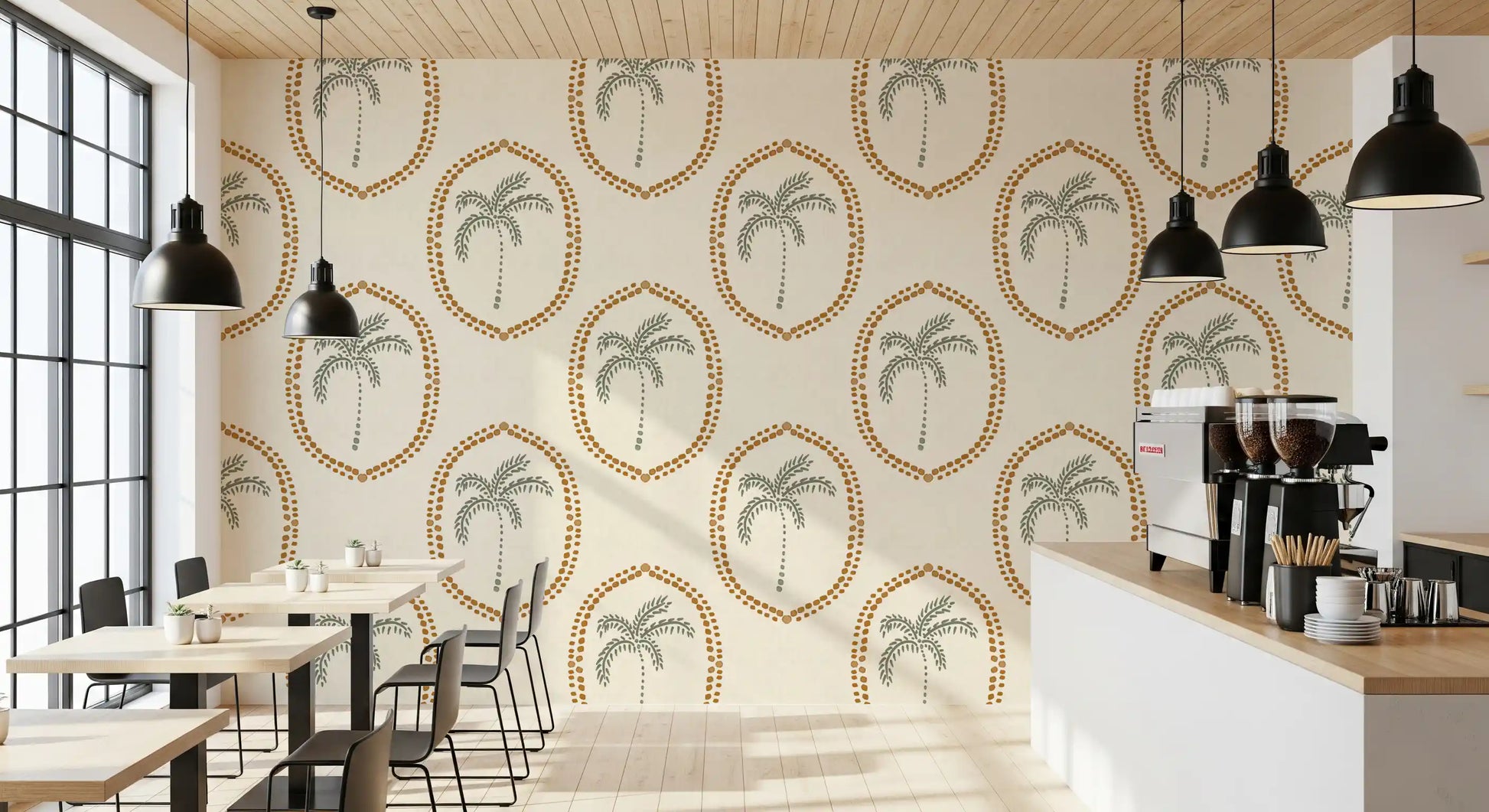 Painted ochre trails arc gently between motifs on Beachy Boho Palm Oasis Golden Medallion wallpaper.