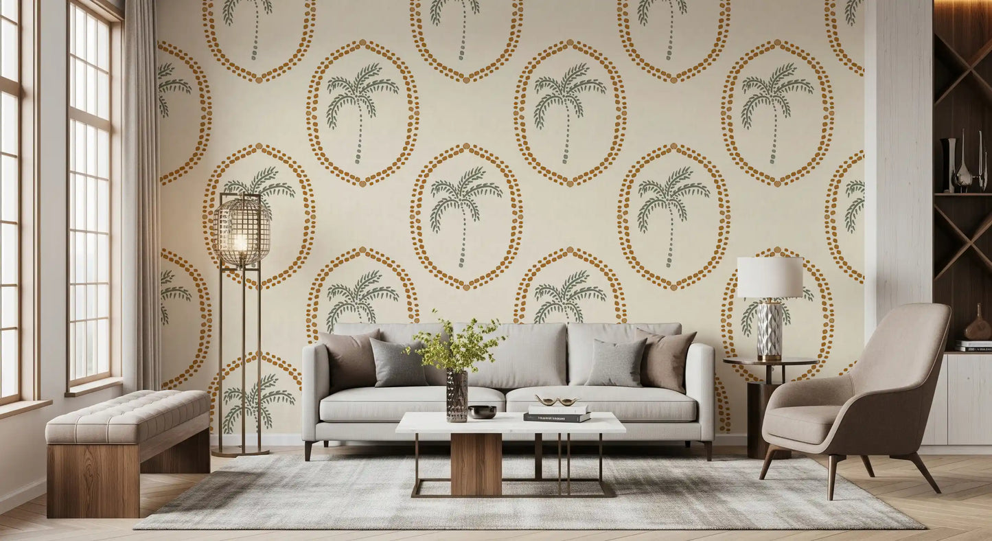 Living room takes on quiet warmth from Beachy Boho Palm Oasis Golden Medallion wallpaper.