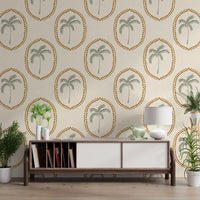 Each oval frames a small sage palm motif across Beachy Boho Palm Golden Medallion wallpaper.