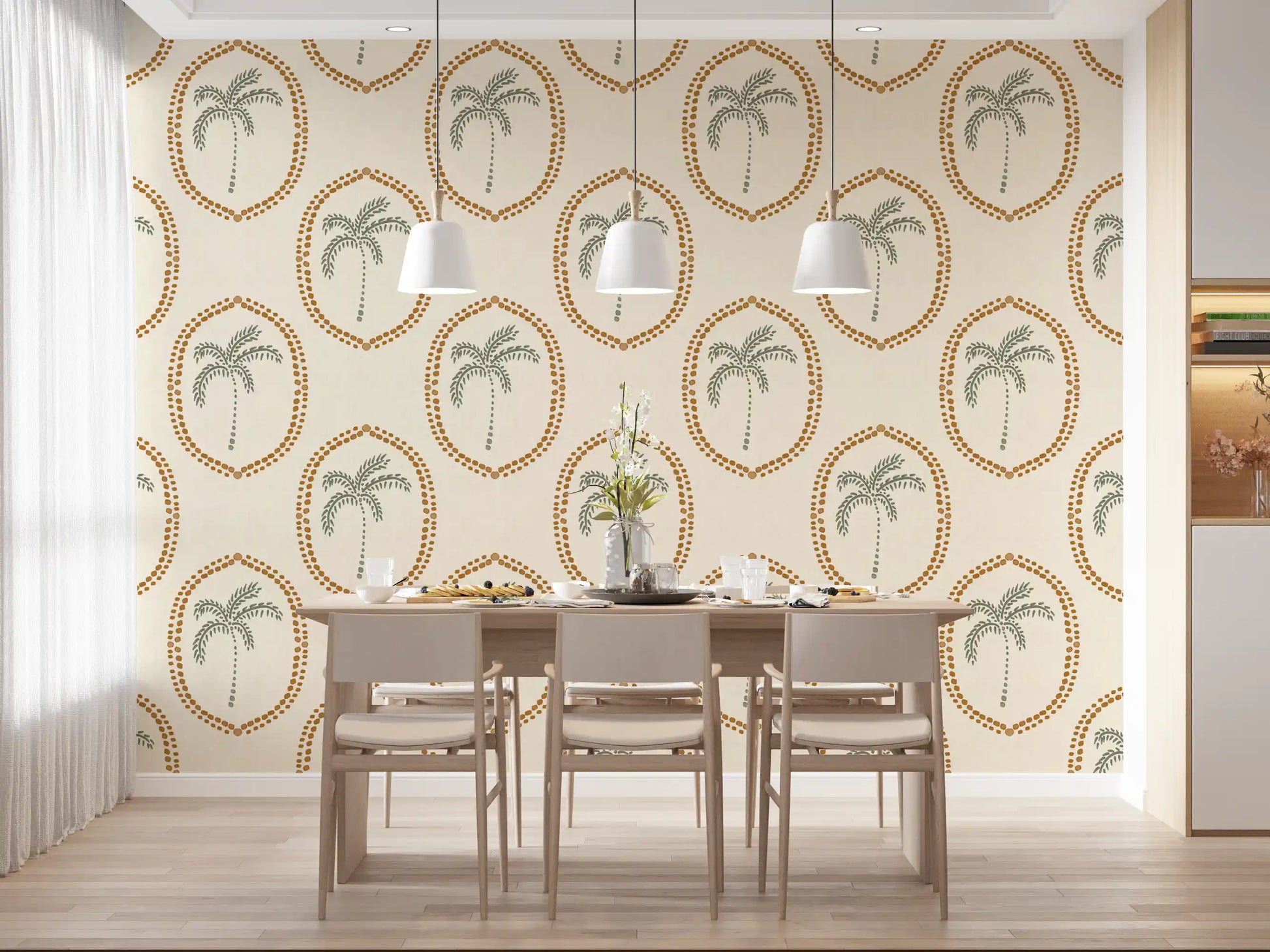 Dining room through Beachy Boho Palm Golden Medallion wallpaper detail.