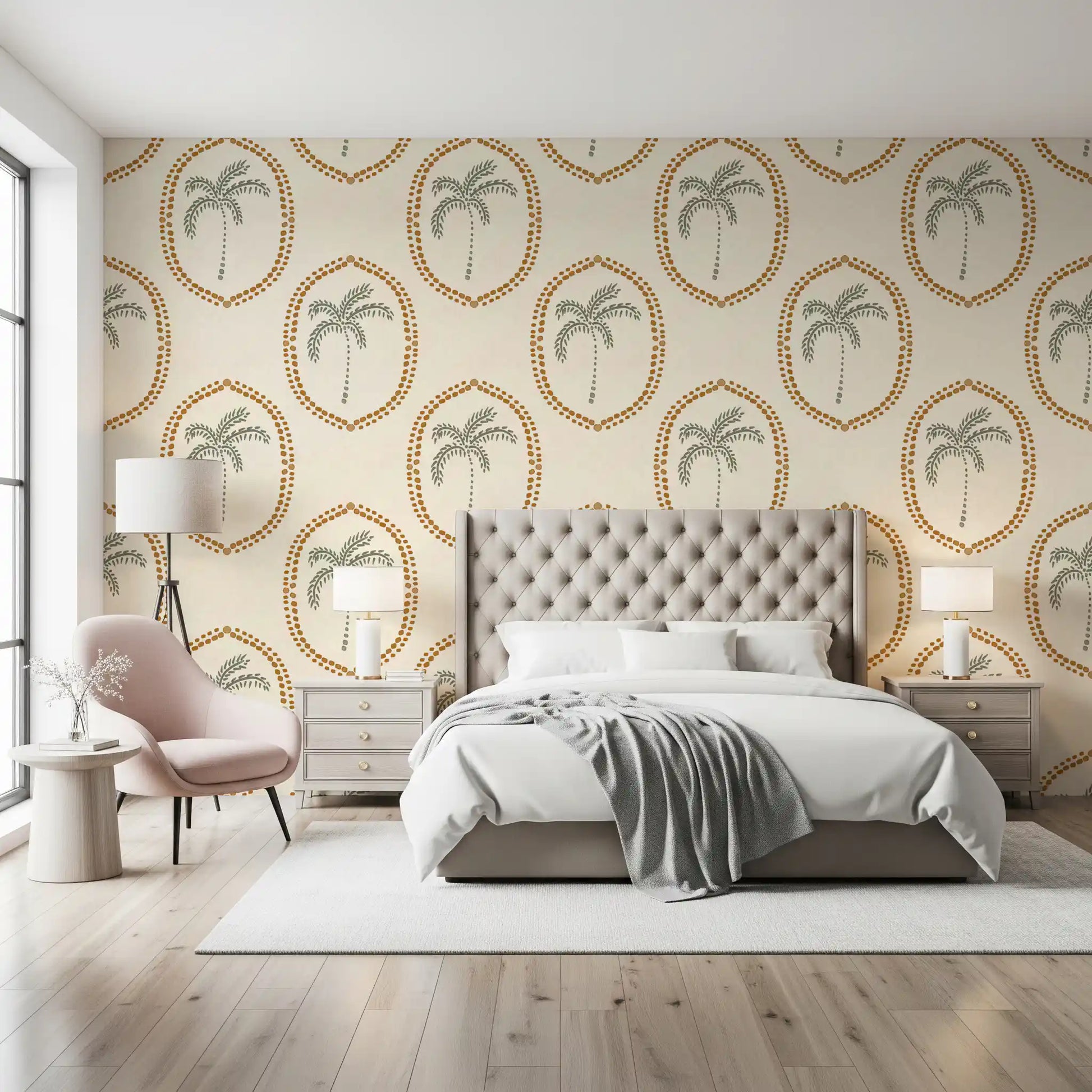 Bedroom area catch a sun-warmed feel with Beachy Boho Palm Oasis Golden Medallion wallpaper.