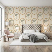 Bedroom area catch a sun-warmed feel with Beachy Boho Palm Oasis Golden Medallion wallpaper.