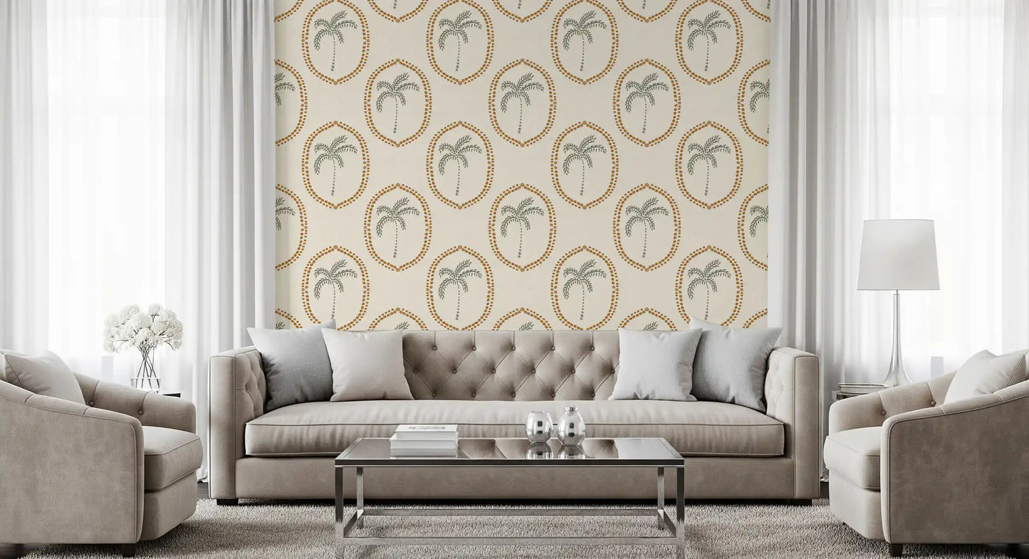 Across the Living area, Beachy Boho Palm Golden Medallion wallpaper holds open boho rhythm.