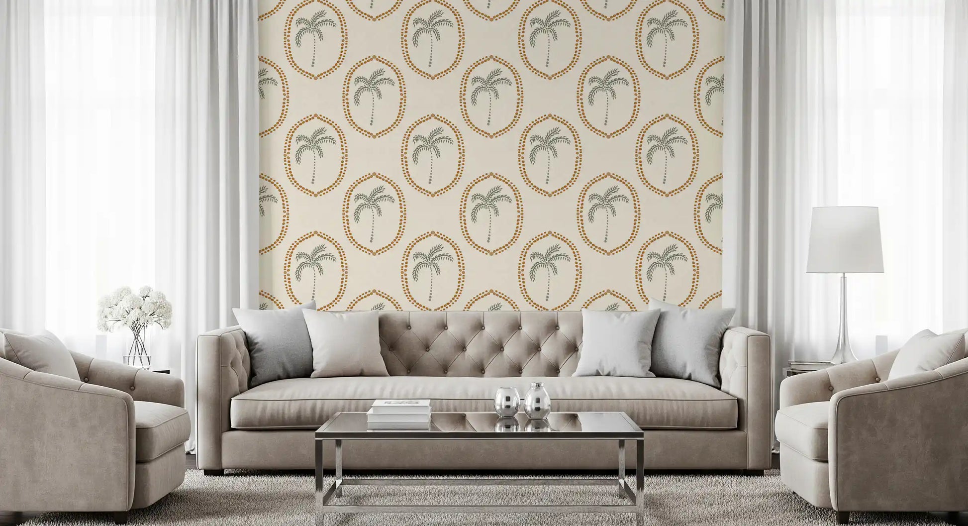Across the Living area, Beachy Boho Palm Golden Medallion wallpaper holds open boho rhythm.