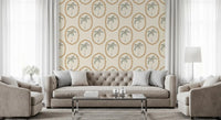 Across the Living area, Beachy Boho Palm Golden Medallion wallpaper holds open boho rhythm.