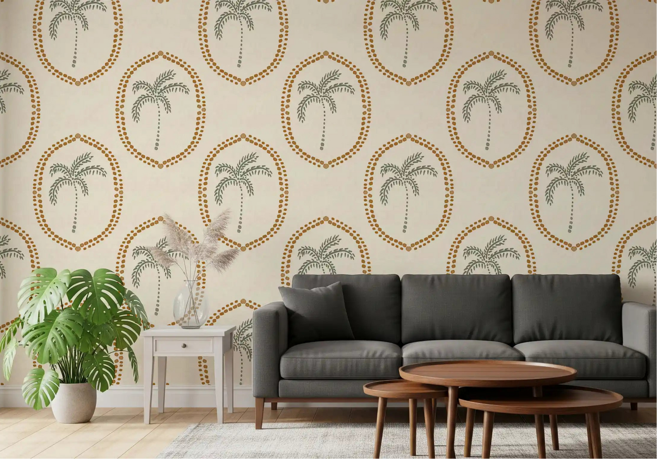Living room turn warmer through Beachy Boho Palm Oasis Golden Medallion wallpaper.