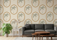 Living room turn warmer through Beachy Boho Palm Oasis Golden Medallion wallpaper.