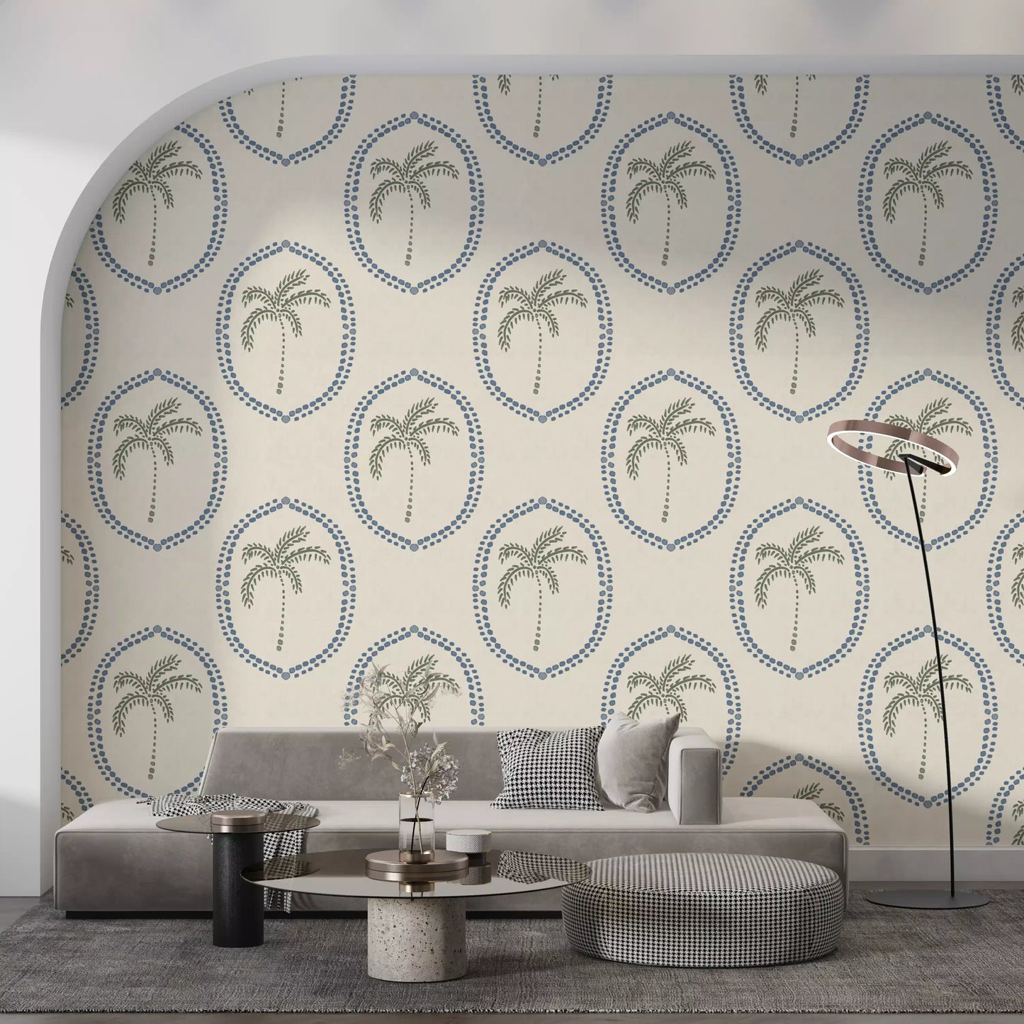 Painted bead trails connect motif to motif on Beachy Boho Palm Oasis Slate Blue wallpaper.