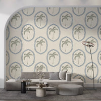 Painted bead trails connect motif to motif on Beachy Boho Palm Oasis Slate Blue wallpaper.