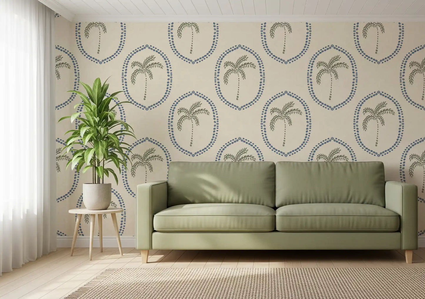 Living room corners feel airy through Beachy Boho Palm Oasis Medallion wallpaper detail.