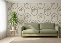 Living room corners feel airy through Beachy Boho Palm Oasis Medallion wallpaper detail.