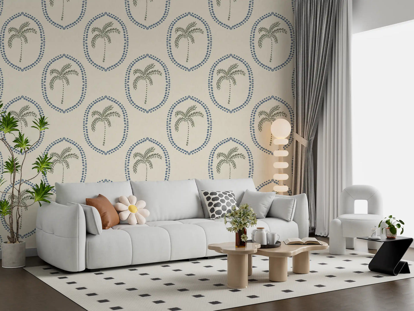 Open ivory space breathes between slate medallions on Beachy Boho Palm Slate Blue wallpaper.