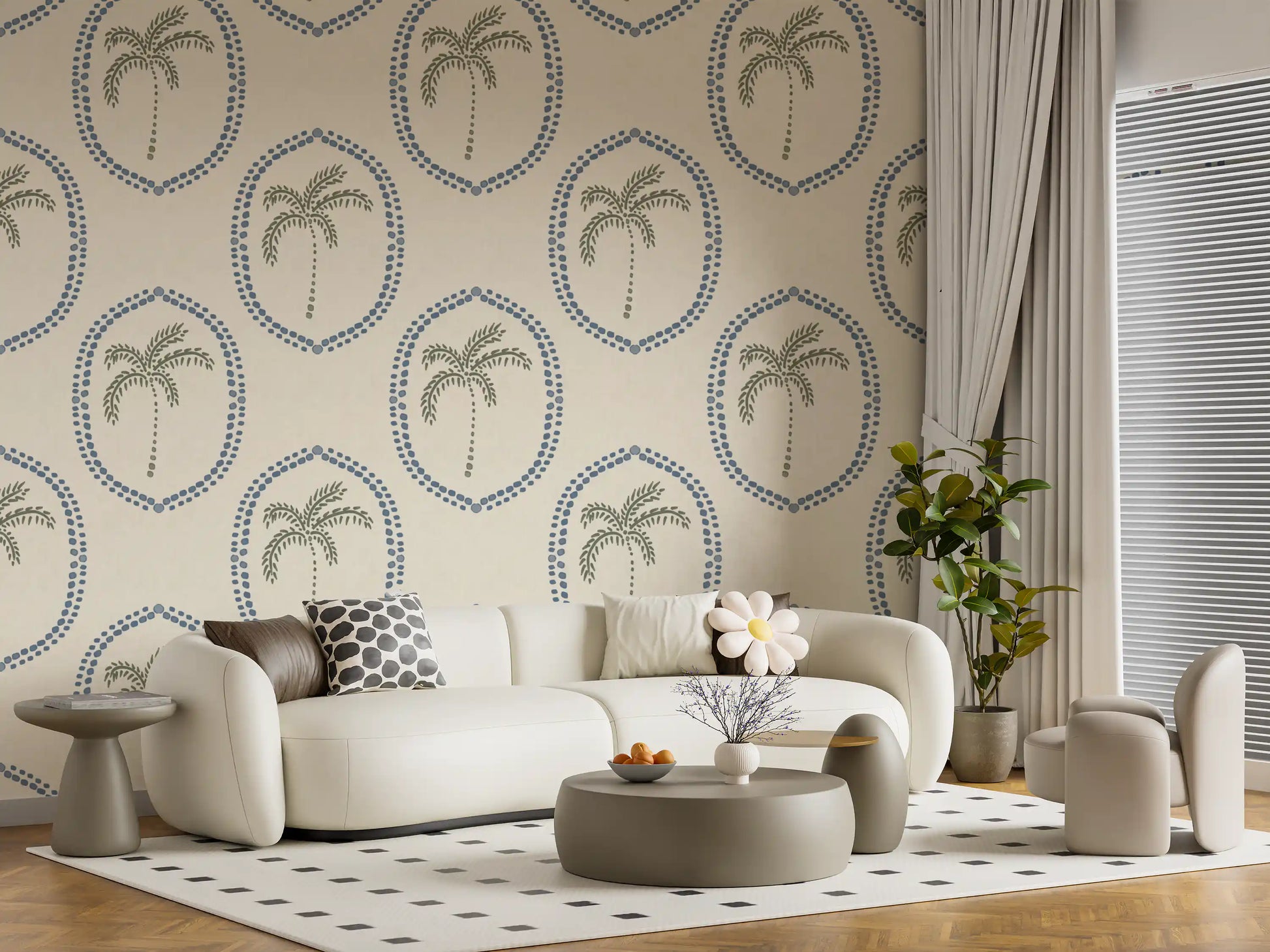 Through the lounge, Beachy Boho Palm Slate Blue Medallion wallpaper threads a breezy island feel.