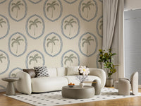 Through the lounge, Beachy Boho Palm Slate Blue Medallion wallpaper threads a breezy island feel.