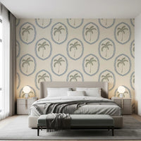 Slim trunks taper into tiny dot bases on Beachy Boho Palm Slate Blue Medallion wallpaper.