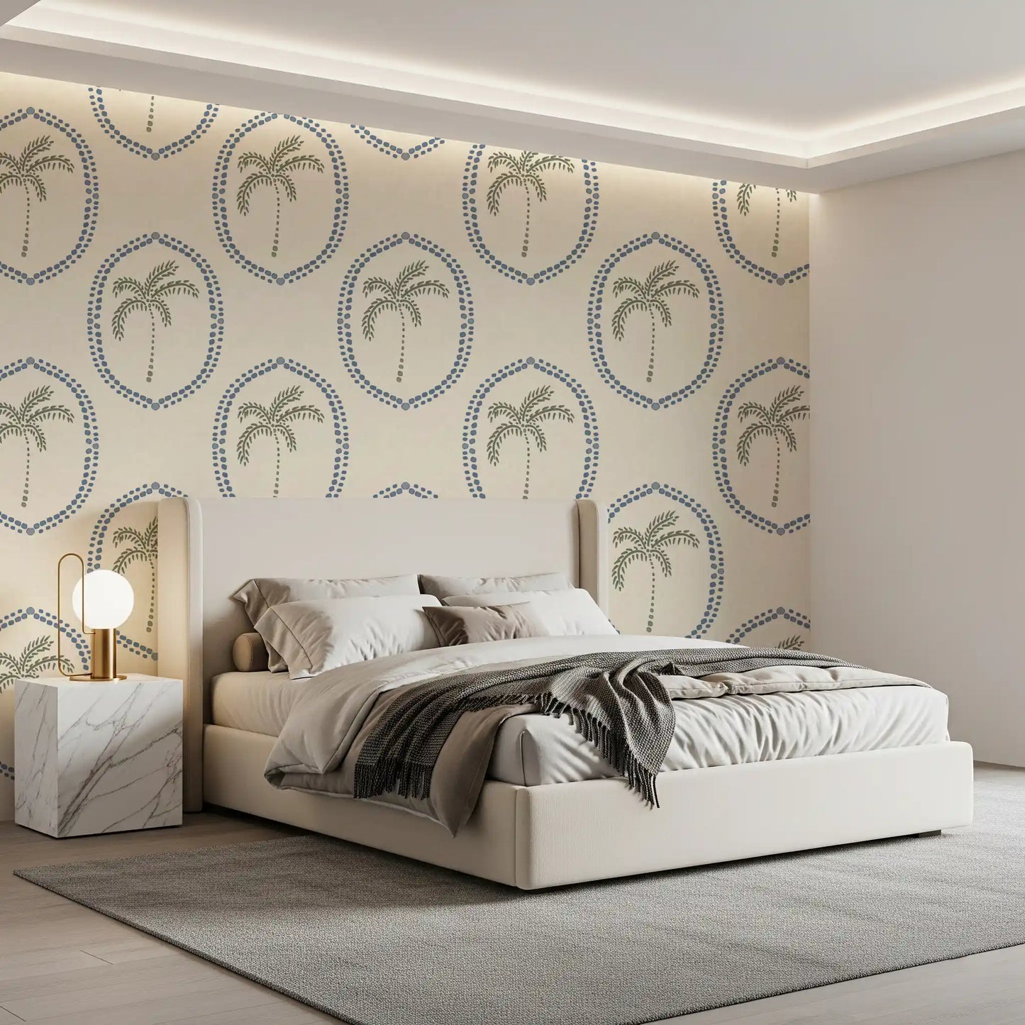 Slate dot ovals frame the bedroom headboard with Beachy Boho Palm Slate Blue Medallion wallpaper.