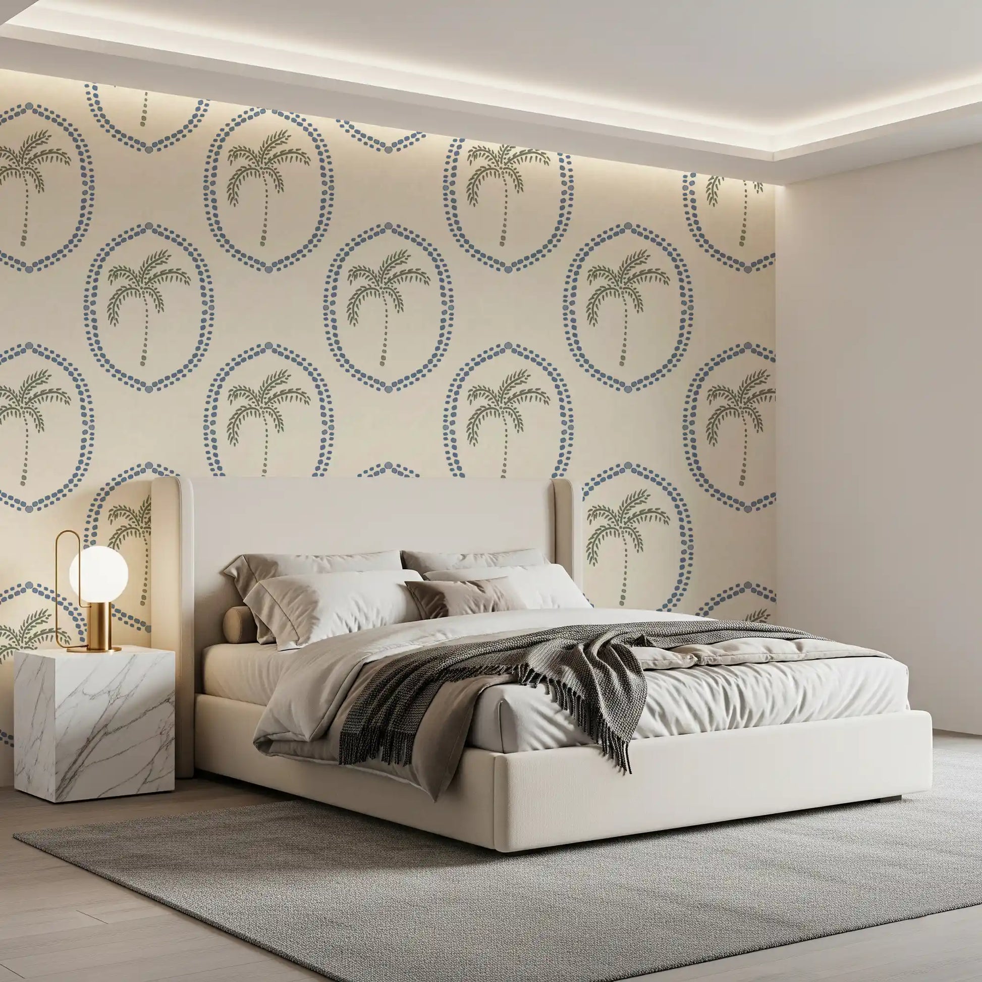 Slate dot ovals frame the bedroom headboard with Beachy Boho Palm Slate Blue Medallion wallpaper.