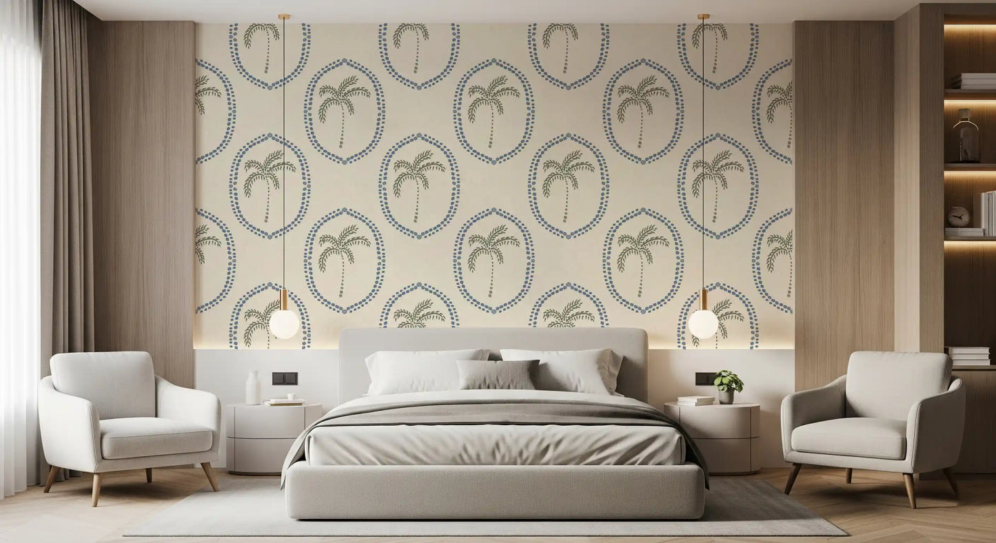 Each oval circles a sketched palm tree across Beachy Boho Palm Oasis Medallion wallpaper.