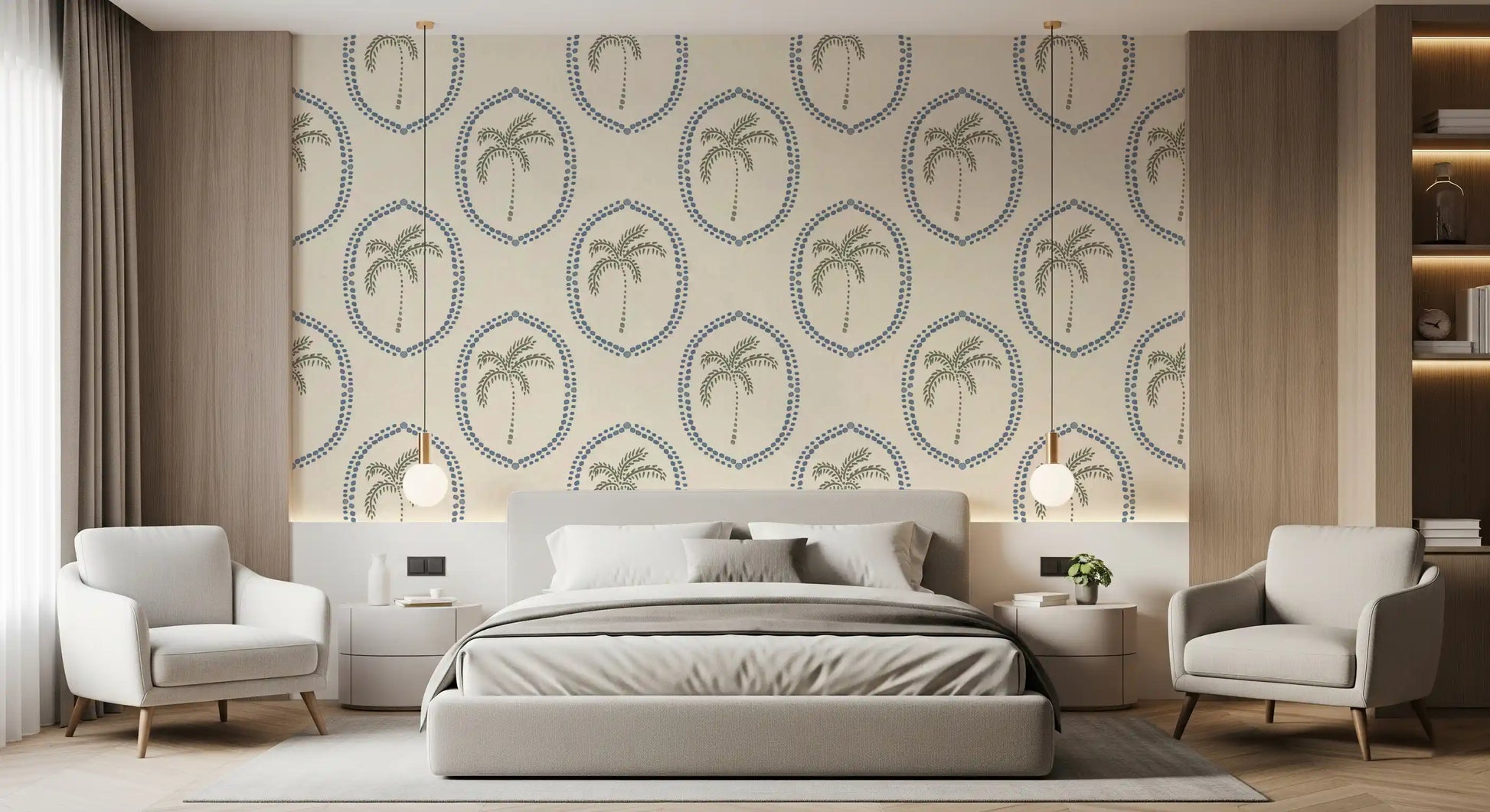 Each oval circles a sketched palm tree across Beachy Boho Palm Oasis Medallion wallpaper.